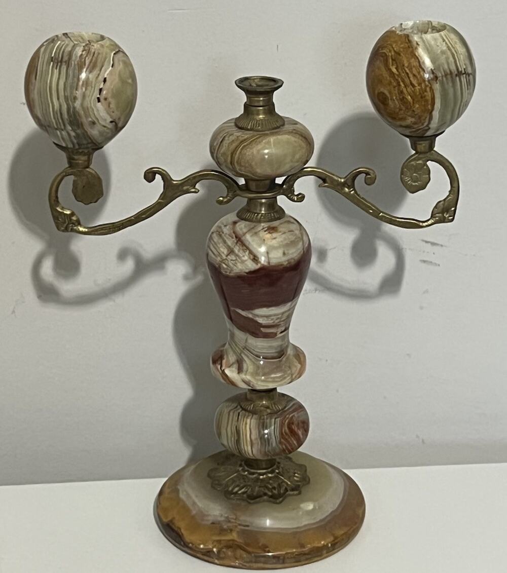 Vintage Onyx Brass 2 Arm Candelabra Candle Holder Hollywood Regency